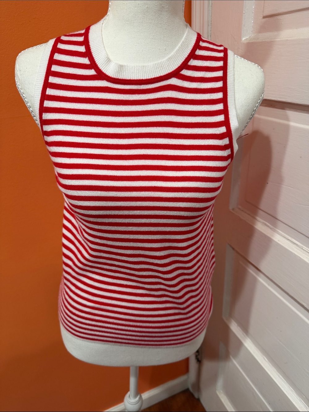 Red and White Striped Sleeveless Knit Tank Top
